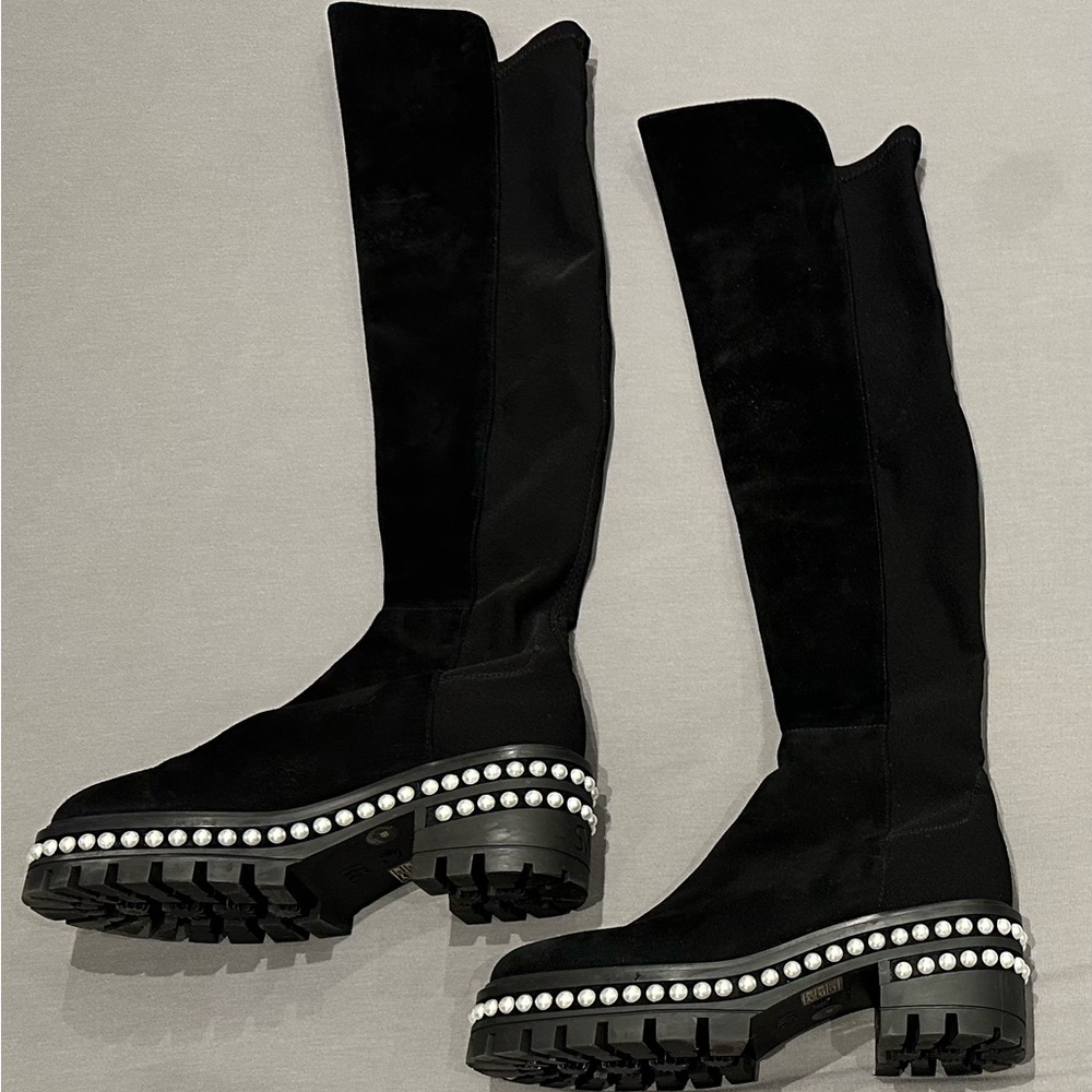 Stuart Weitzman Black Over the Knee Boots with Pearl Accents 5050 Faux Pearl